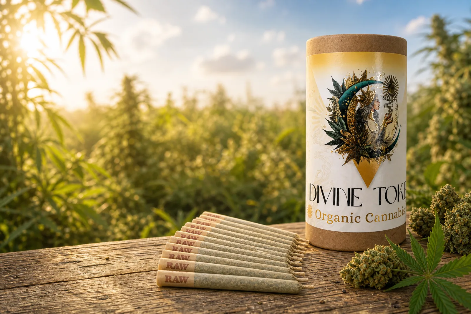 Divine Toke pre-roll 20-pack tube with a fanned row of joints on a farm table in a sun-grown cannabis field