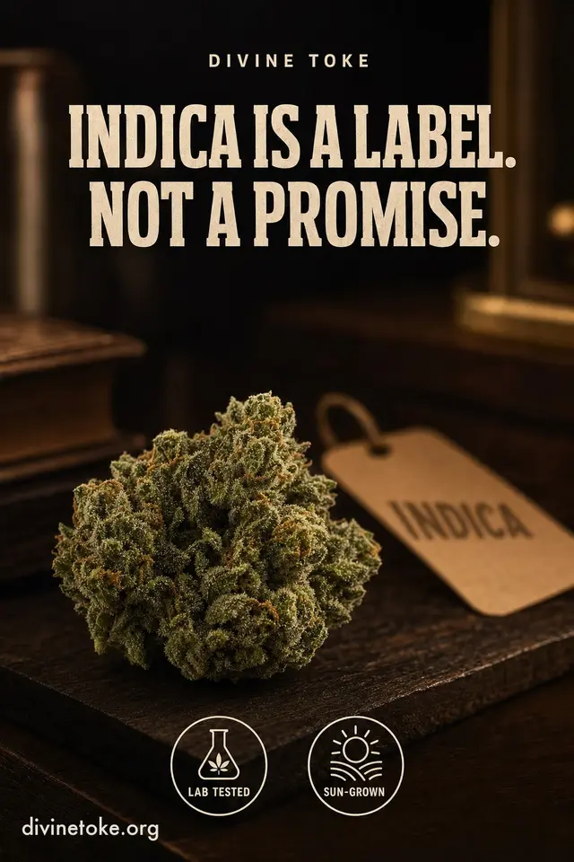 Vertical cream-on-dark ad with equal-weight headline "INDICA IS A LABEL. / NOT A PROMISE." over a frosty matte-green bud in sharp focus beside a soft-focus jar tag reading INDICA, with LAB TESTED and SUN-GROWN badges.