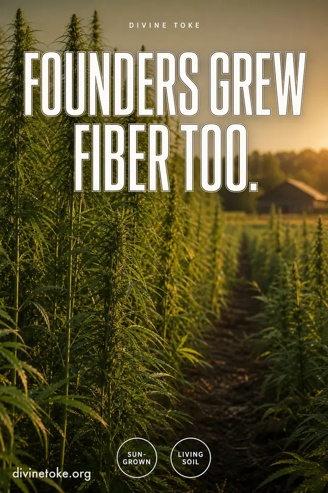 White outline editorial headline FOUNDERS GREW / FIBER TOO. over golden-hour tall hemp fiber field rows with SUN-GROWN and LIVING SOIL badges.