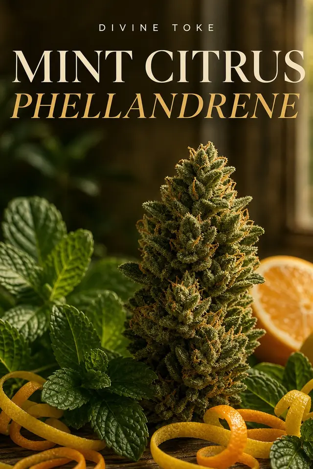 Vertical farm still life of fresh mint sprigs and citrus peel ribbons beside a matte forest-green cannabis bud under soft window light, with cream-and-gold serif headline MINT CITRUS / PHELLANDRENE and SUN-GROWN and LAB TESTED badges.