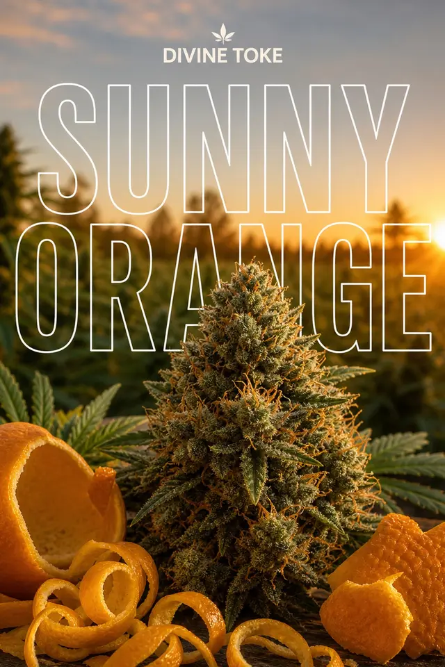 Vertical ad with white outline condensed headline SUNNY / ORANGE over a dusk-lit still life of fresh orange zest ribbons beside a frosty matte forest-green cannabis cola with rusty-orange pistils; SUN-GROWN and LIVING SOIL badges at the bottom.