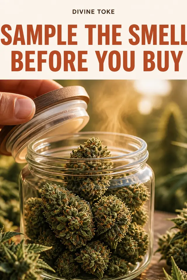 Vertical terracotta-on-cream ad with headline SAMPLE THE SMELL / BEFORE YOU BUY over a mid-open jar of matte green flower with fingers near the lid and warm golden aroma light, badges SUN-GROWN and LAB TESTED.