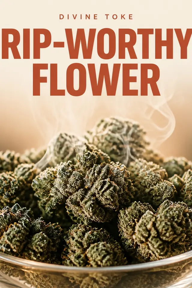 Close-up of a packed glass bowl filled with sticky forest-green flower and a gentle smoke curl, terracotta headline on a cream vertical ad.