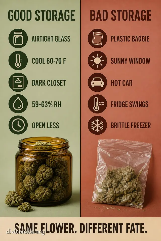 Vertical split versus poster comparing GOOD STORAGE (amber jar, dark closet icons) against BAD STORAGE (plastic bag, sun, fridge, hot car icons) with clear labels and a center divider.