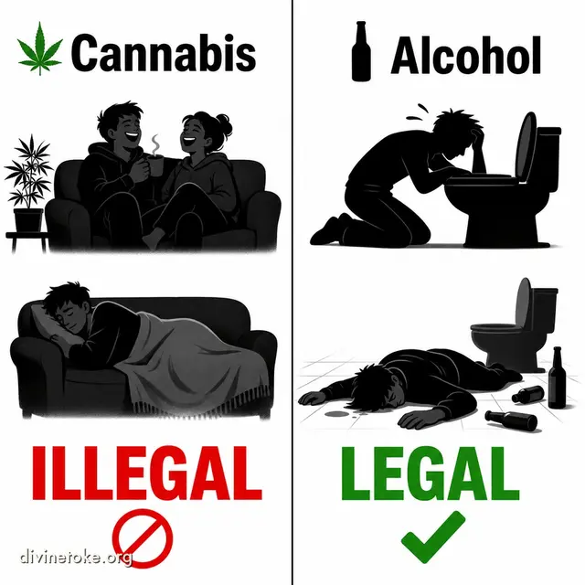 Split meme: Cannabis side soft silhouette couple laughing on a couch labeled ILLEGAL; Alcohol side silhouette bent over a toilet labeled LEGAL.