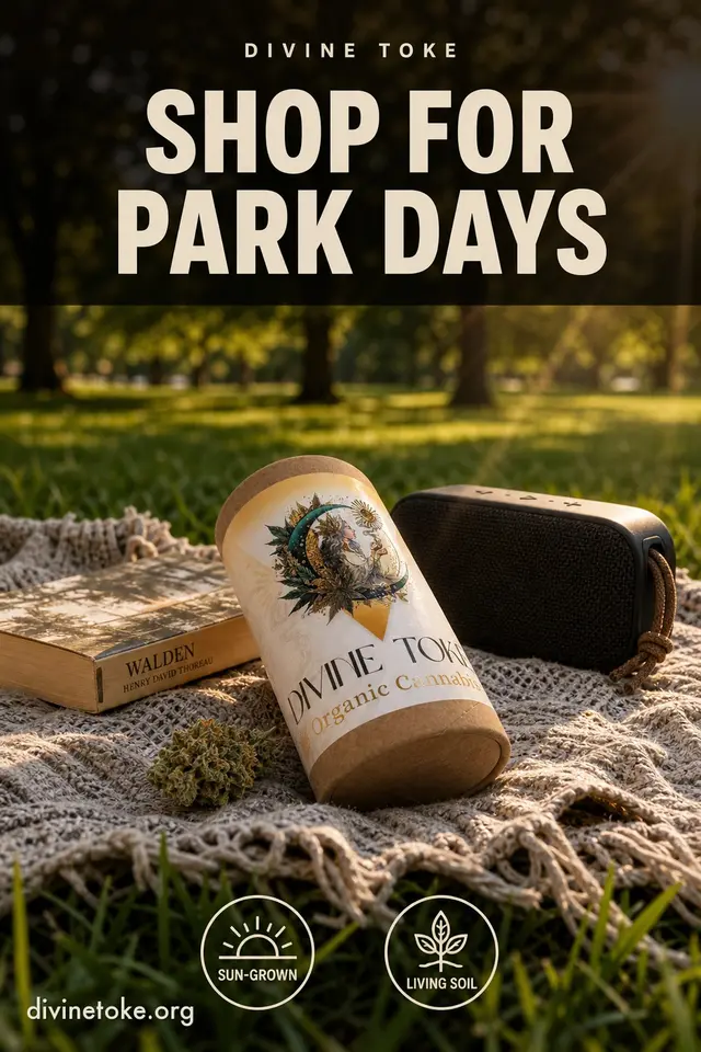 Vertical cream-on-dark ad with equal-weight cream headline SHOP FOR / PARK DAYS over a photoreal park still life — kraft Divine Toke 20-pack tube on a blanket in grass beside a book and small speaker, sun flare through trees, SUN-GROWN and LIVING SOIL badges.