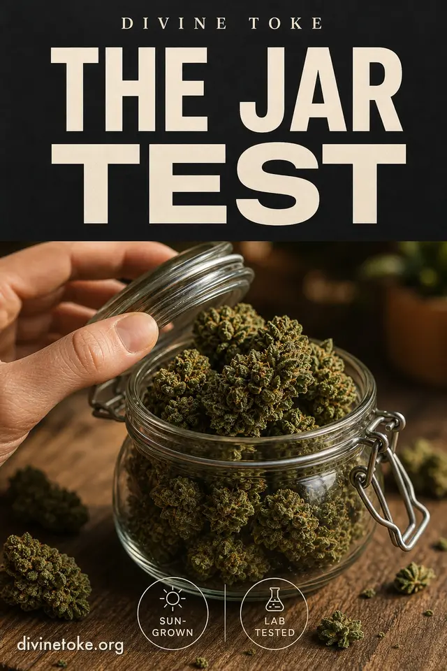 Vertical contrast-panel still of a hand near an open glass jar of deep forest-green cannabis flower, no face, inverted headline THE JAR / TEST, SUN-GROWN / LAB TESTED badges — buds stay green, no purple flower.