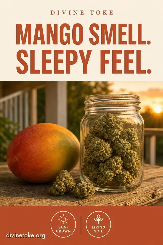 Soft evening porch still with mango and an unbranded jar under terracotta-on-cream headline MANGO SMELL. SLEEPY FEEL.