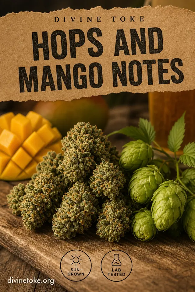 Kraft-style still of green cannabis nug with hop cones under black-ink headline HOPS AND MANGO NOTES.